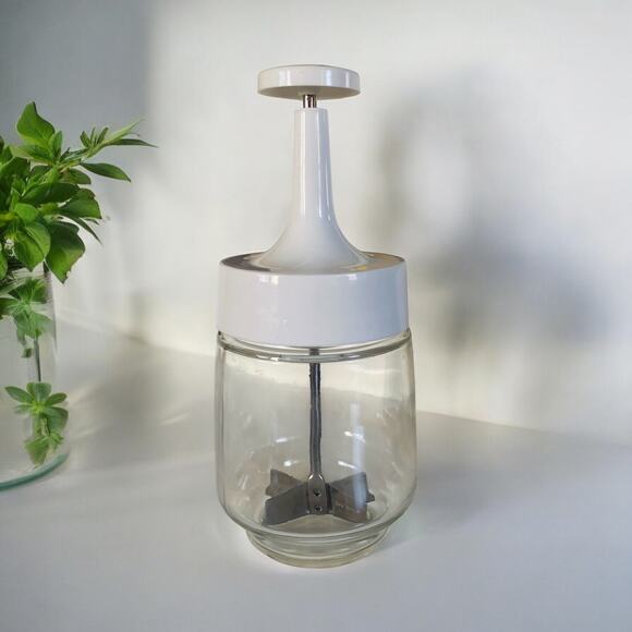 VINTAGE Kitchen 70s Nut Food Chopper Glass Hand Press White Plastic Top - Picture 1 of 5